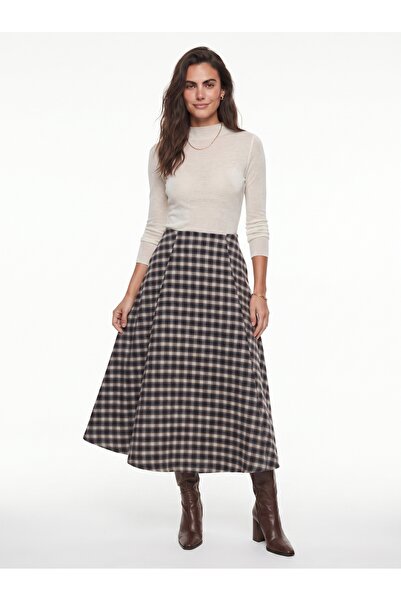 ONLOOX Navy Blue Ecru Plaid Patterned High Waist A-Line Long Woven Skirt with...