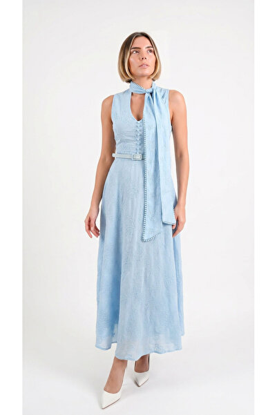 Caddebostan Moda Embroidered, Belted, Halter Neck, Sleeveless, Summer Midi Dress