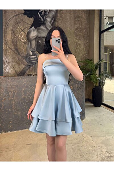 missswans Rena Taş Askılı Arkası Bağcıklı Eteği Kloş Katlı Mini Boy Saten Elb...