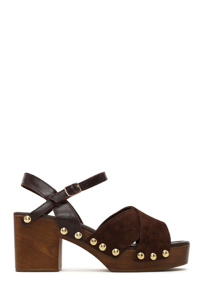 Derimod Women's Brown Buckle Platform Thick Heeled Suede Leather Sandals 26Sf...