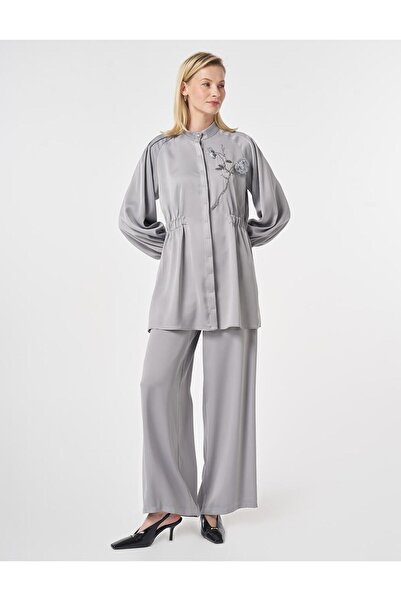 Kayra Satin Double Suit with Embroidery Detail in Gray