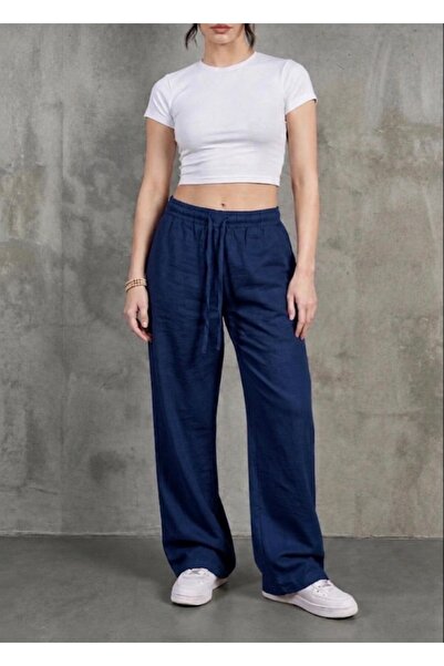 glanour Linen Blend Loose Fit High Waist Trousers