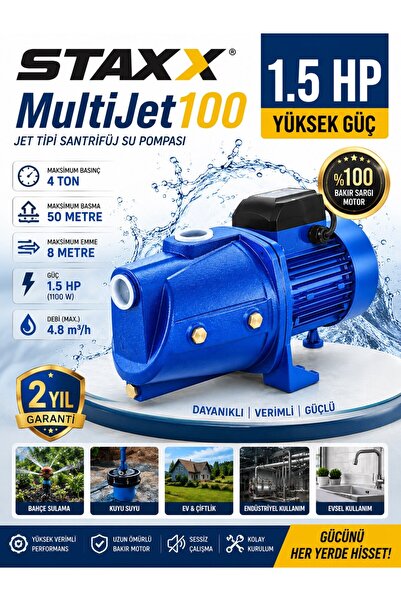 STAXX POWER MultiJet100 1100W 1.5HP Tam Güç Tam Bakır Sargılı Jet Pompa Bahçe...