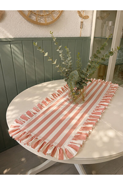 Decamor home Roza Stain-Resistant Liquid-Proof Pink Striped Ruffle Runner
