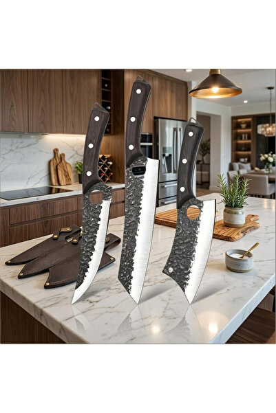 OSOOKE Professional 3-Piece Kitchen Knife Set with Sheath, Hammered Design Bl...