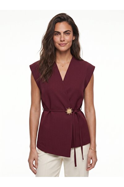 ONLOOX Burgundy Woven V-Neck Double-Breasted Oversized Belted Metal Buttoned ...