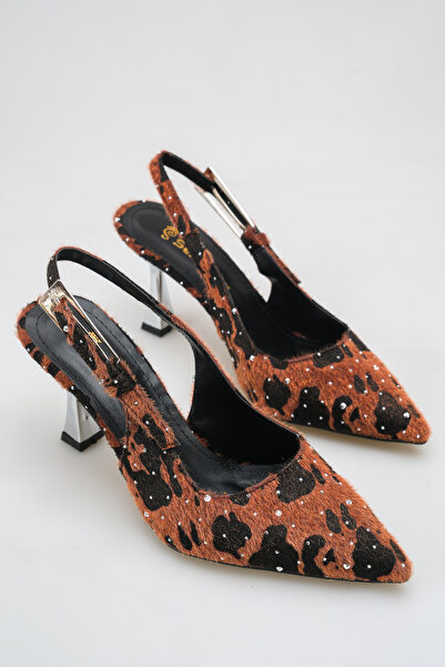 SENASTİL 050 Women's Leopard Textured Stone Detailed Slingback Stiletto Metal...