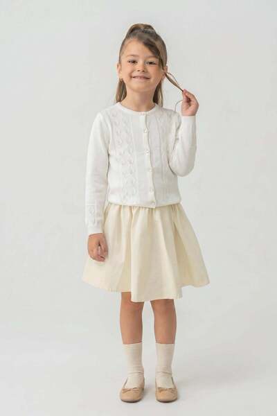 Trend Baby Kids Girl's Leaf Patterned White Knitwear Cardigan 5-9 Years