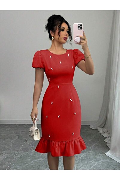 Iuliashop Liana Short Red Dress with Pearls - S