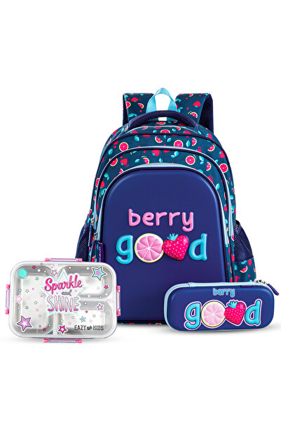 Eazy Kids Berry Good School Bag Set w/ Stainless Steel Bento Lunch Box – Blue