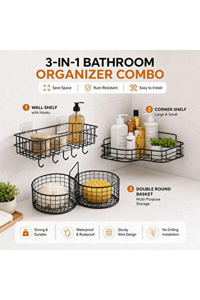 TSUMAB 3-in-1 Bathroom Organizer Set Rustproof Shower Caddy Corner Shelf Wall...