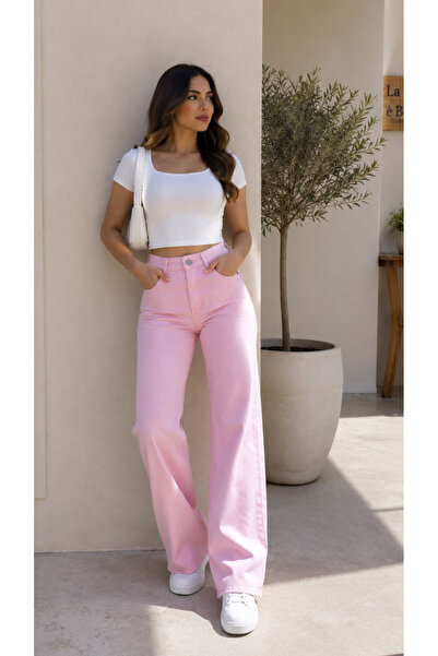 TUĞBALİ Pembe Wide Leg Kesik Paça Jean Pantolon