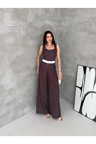 BLUSS Women's Polka Dot Belt Detailed Square Neck Palazzo Jumpsuit