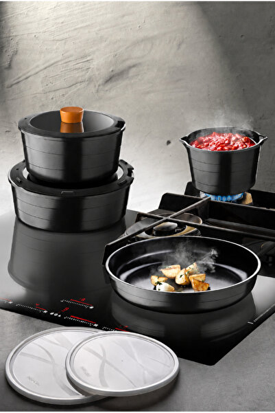 esdekor Mutfak Midas Ceramic Coated 8 Piece Nesting Pots and Pans Set - Black