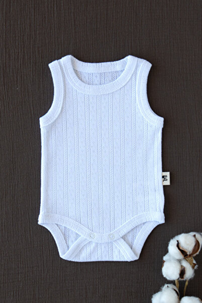 Mimu Baby %100 Pamuk Pointel Çıtçıtlı Bebek Zıbın - Beyaz Ajurlu