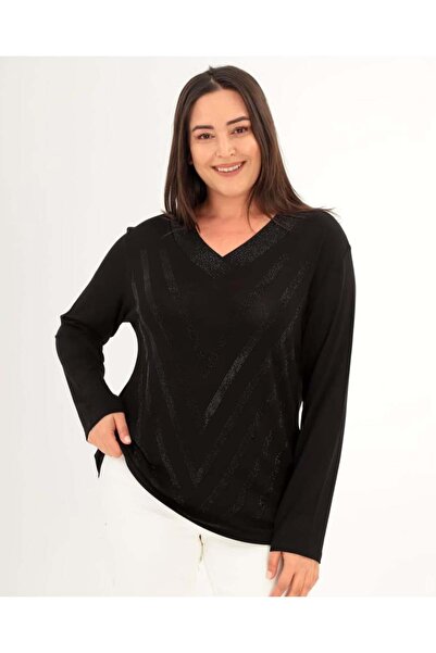 kısmet sepeti Women's V-Neck Black Stoned Straight Sleeve Black Blouse