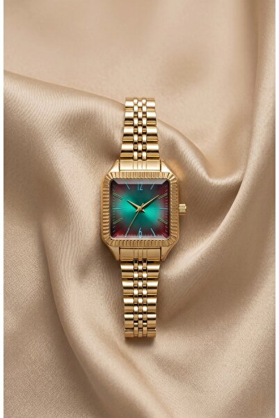 KLISHE Women's Steel Watch Gold Color & Green Burgundy Gradient Dial Square C...