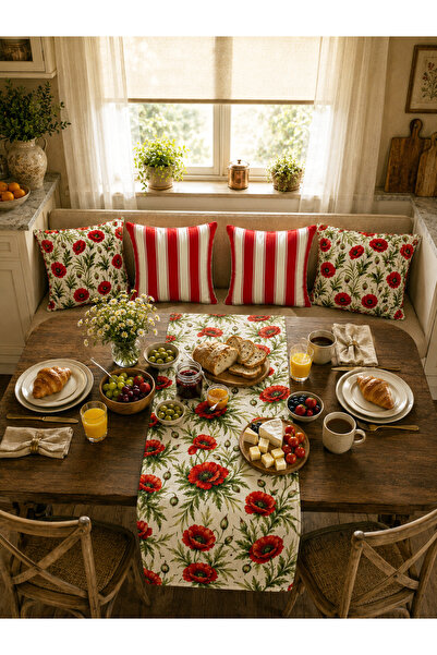 HOMESSA Poppy Patterned Floral Red Striped Runner and Set of 4 Throw Pillow C...