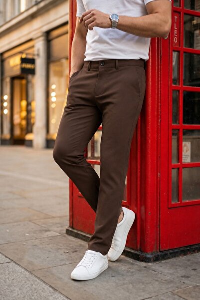 Ser Joven Men's Brown Slim Fit Stretch Fabric Side Pocket Ankle-Length Plain ...