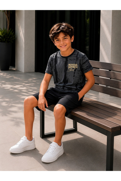 Yalçınoğlu Kids Set pantaloni scurți imprimați pentru băieți Set de vară din bumbac din două piese 4-10 ani I Set pantaloni scurți din bumbac pieptănat compact 2 fire Pantaloni scurți Tricou din jerseu