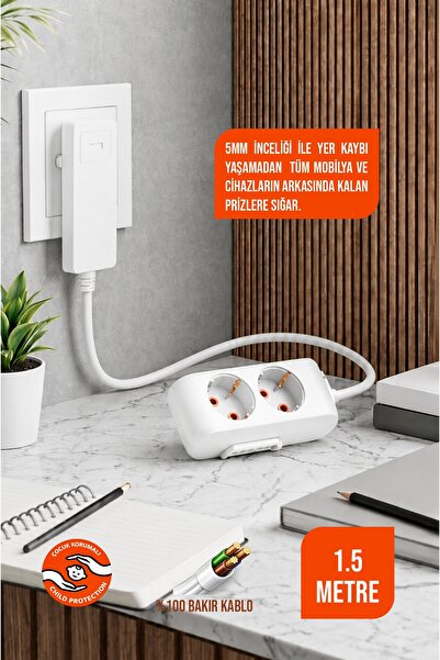 2-Piece Extension Socket with Thin Plug 1.5 Meters White Grounded Group Socket
