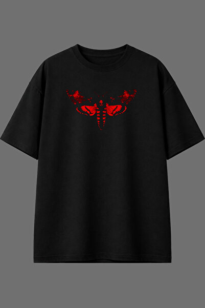 VSRN Tricou oversize negru cu imprimeu frontal cu design Fluture Roșu