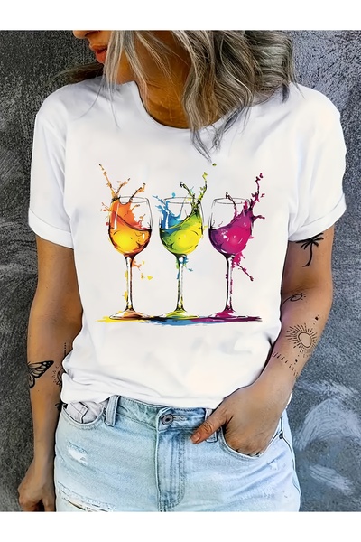 121 Women's Plus Size T-Shirt - Colorful Geometric Wine Glass Print, Elastic ...