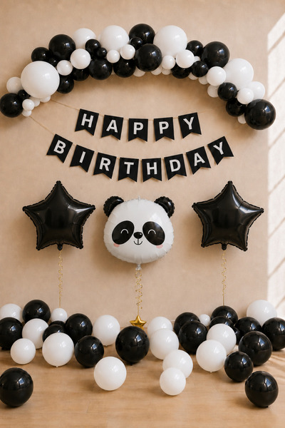 Baloncu Nene Panda Temalı Doğum Günü Balon Seti Siyah Beyaz Happy Birthday Ba...