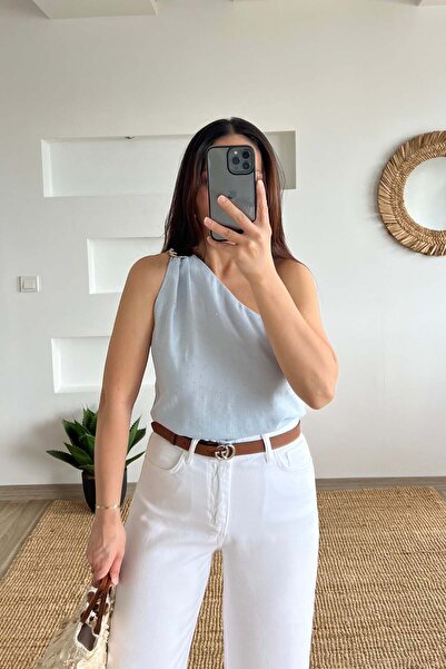 butikhola Bebe Mavisi Tek Omuz Taşlı Tensel BLuz