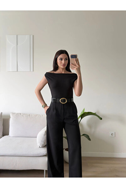 Zoom Butik Kayık Yaka Kemerli Tulum - SİYAH