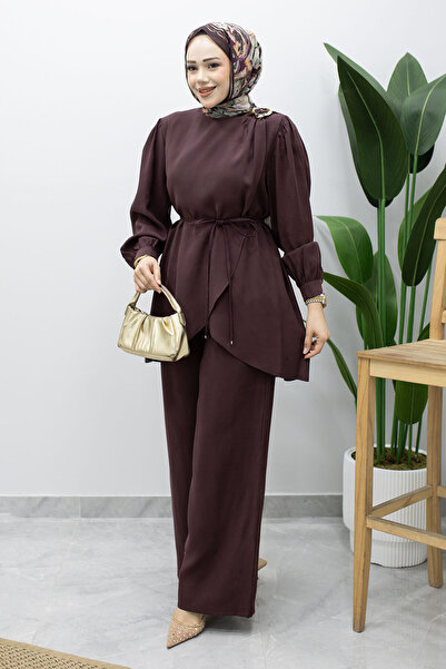 Tesettür Dünyası Asymmetrical Cut Brooch Suit Set Tsd260228 Plum