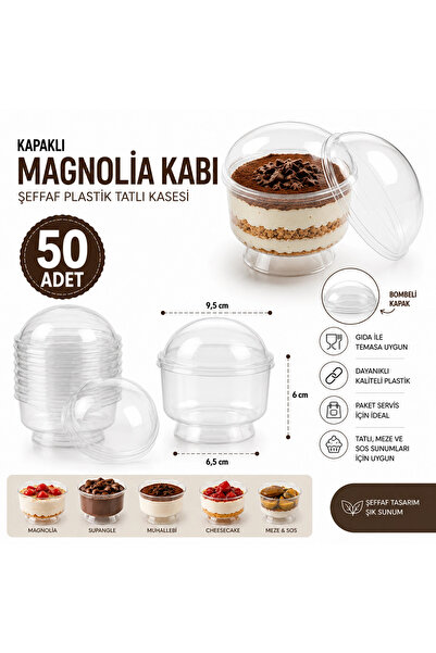 Mçb Group 50 Adet Kapaklı Tatlı Kabı Magnolia Kasesi Şeffaf Plastik 200 cc Ma...