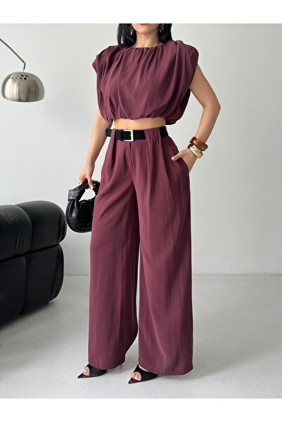 Ekim Store Piliseli Crop Blouse Pants Modal Set