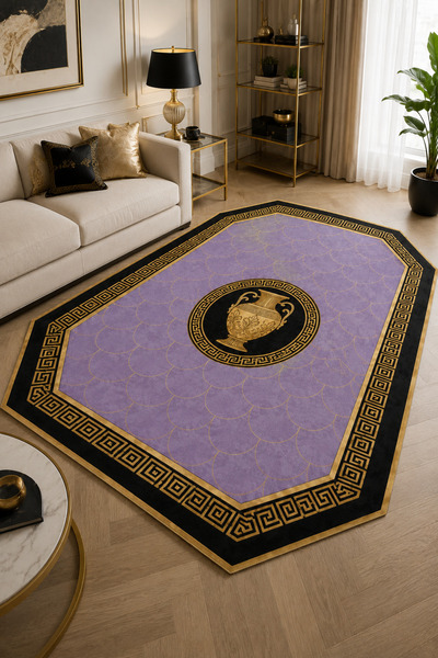 Mondblack Gold Detaylı Lila Siyah Klasik Modern Salon Halısı Kaymaz Tabanlı M...