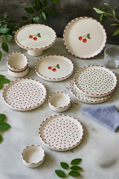 NESS HOME 11 Parça 6 Kişilik Cherry Stackable Kahvaltı Takımı - Kirazlı Kahvaltılık Sunum Tabağı