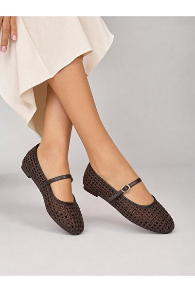 İncimoda Women's Knitted Textured Ankle Strap Casual Ballerinas