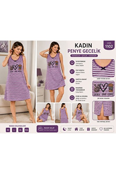 DİAMOND OUTLET Şık ve Rahat Kadın Gecelik Mor Çizgili Yumuşak Kumaş