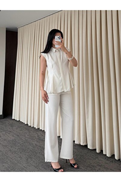 My Blog Set pantaloni cu vestă cu dungi albe - 1424