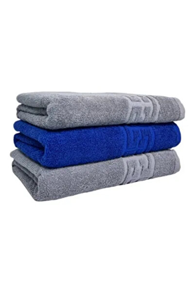 Plush Set of 3 Bath Towels, 100% Cotton, 550g/m², 50x90 cm Greek, Blue/Grey-CY4