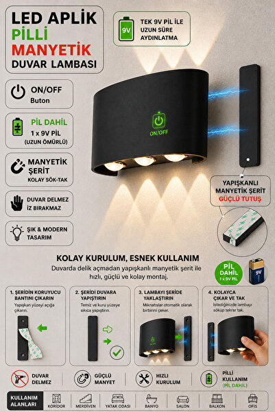 FIDUCIA Pilli Led Aplik Aydınlatma Çift Taraflı Led Dekoratif Duvar Aplik Man...