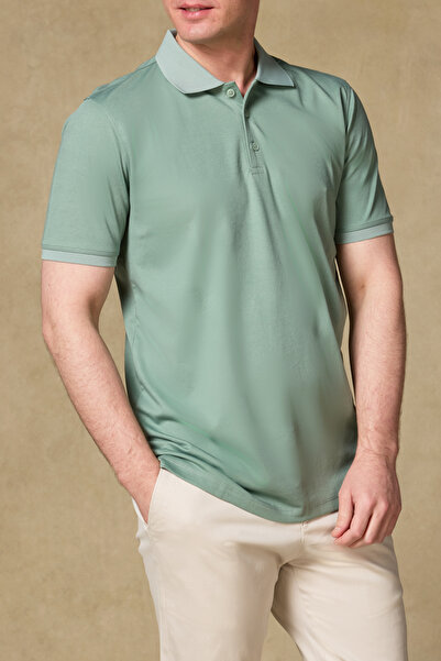 Abbate Bivo Mercerized Cotton Modern Fit Light Green Polo Collar Men's Plain ...
