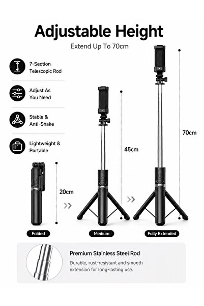 NAW best choice Black Bluetooth Selfie Stick Tripod for iPhone/Samsung/Xiaomi/Oppo/Vivo, Remote Shutter