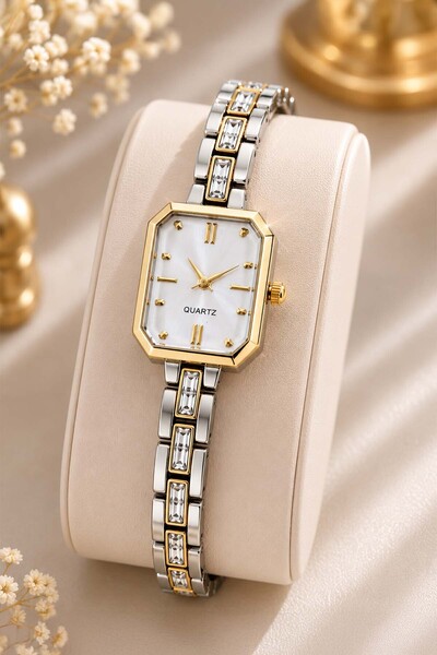 İnogge Ovita Silver Gold Women's Wristwatch – Stone Detailed Dual Color Vinta...