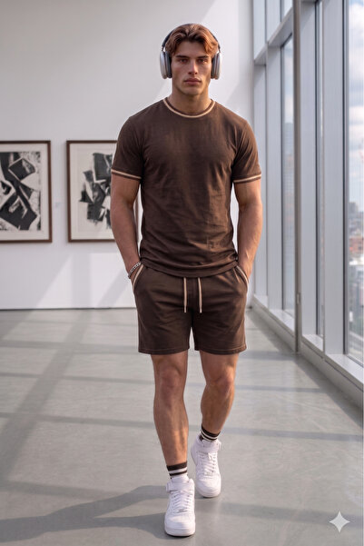 NO 601 Men's Brown-Beige Piping Striped Cotton Crew Neck Shorts T-Shirt Sport...