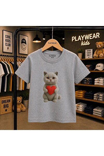 playwear Gray Heart Cat Printed 100% Kids Unisex T-Shirt 5 6 -7 8-9 10 -11 12...