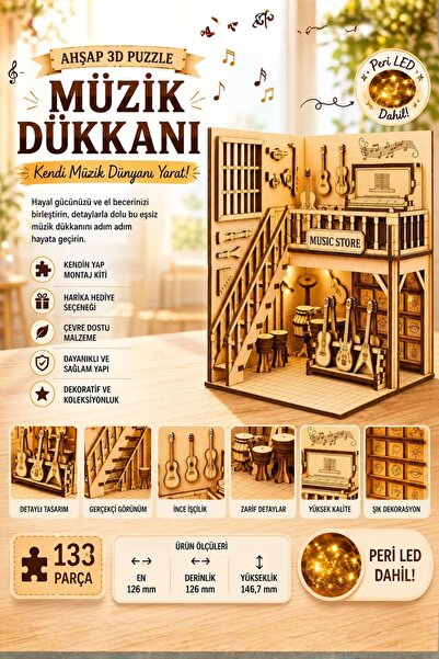 ALGWOOD Music Store Book Nook – Lazer Kesim Ahşap 3D Puzzle | DIY Müzik Dükka...