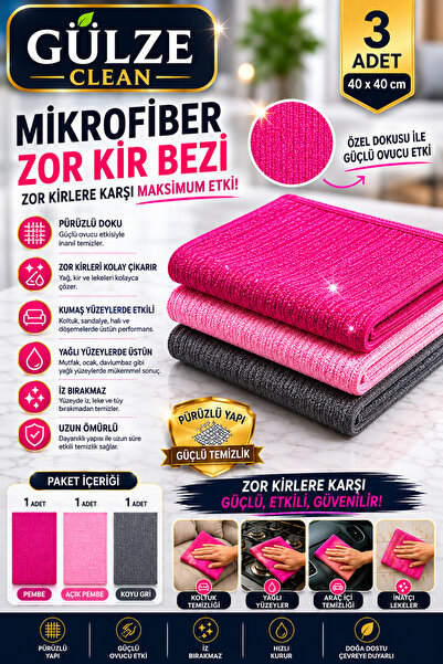 GÜLZE Orjinal Mikrofiber INOX TELLİ ZOR KİR Bezi (3 Adet-40X40 cm-Halı-Koltuk...