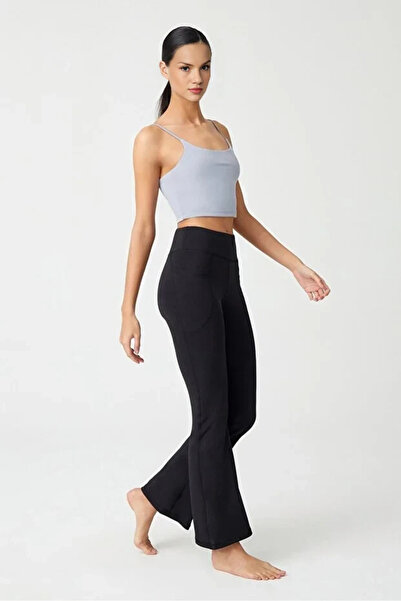 CloudyMood Women's Black High-Waisted Shaping Double Pocket Flare Leggings Bo...