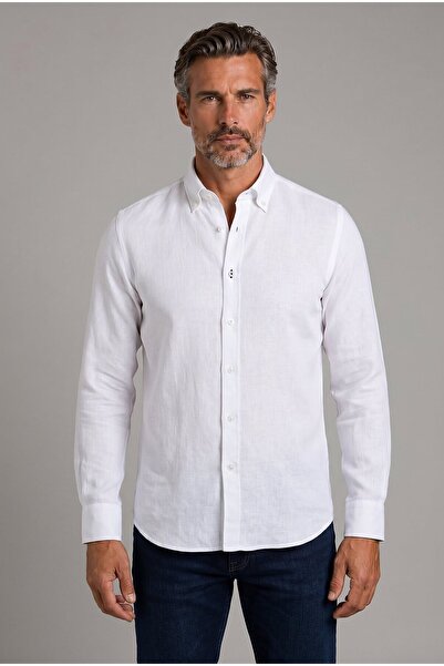 Bisse Beyaz Group Regular Fit Linen Pocketless Pasha Collar Shirt