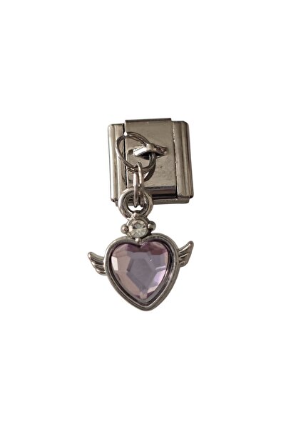 Sibelya Aksesuar Italian Charm with Stone and Flying Heart Figure, Silver Ste...